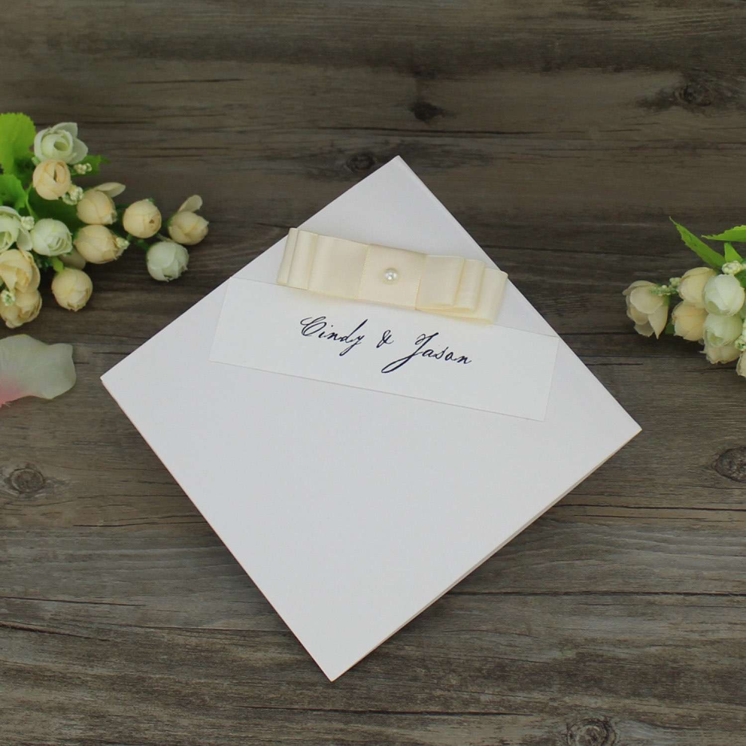 Square Foiling Invitation with Ribbon Bow Half Fold Wedding Card White Invitation Customized 
